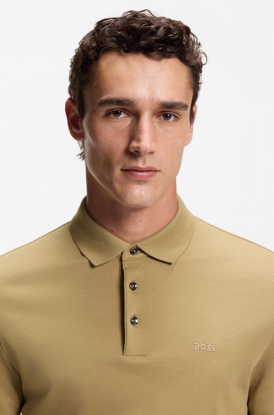 BOSS  BOSS Erkek Pamuklu Polo Yakalı Düğme Kapamalı Uzun Kollu Bej Polo Yaka T-Shirt 50468392-252
