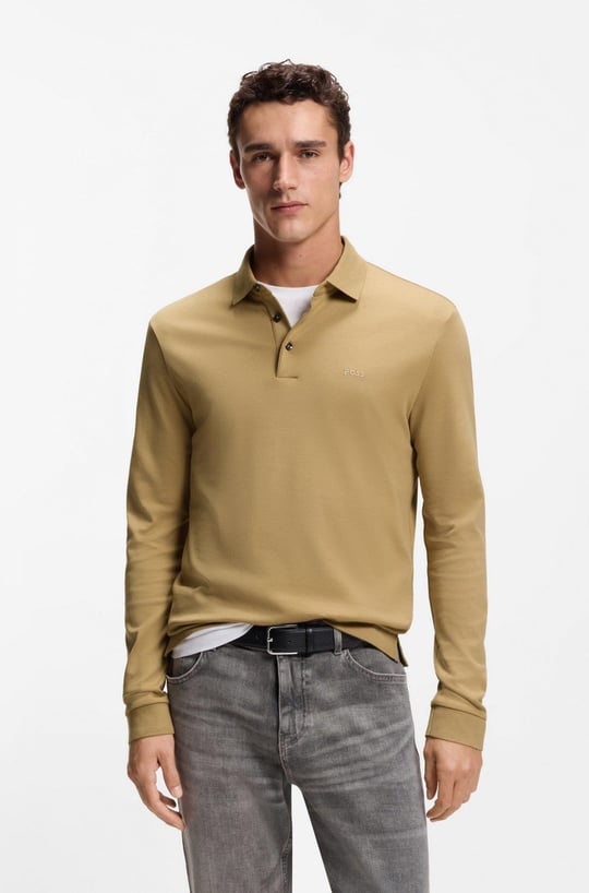 BOSS  BOSS Erkek Pamuklu Polo Yakalı Düğme Kapamalı Uzun Kollu Bej Polo Yaka T-Shirt 50468392-252