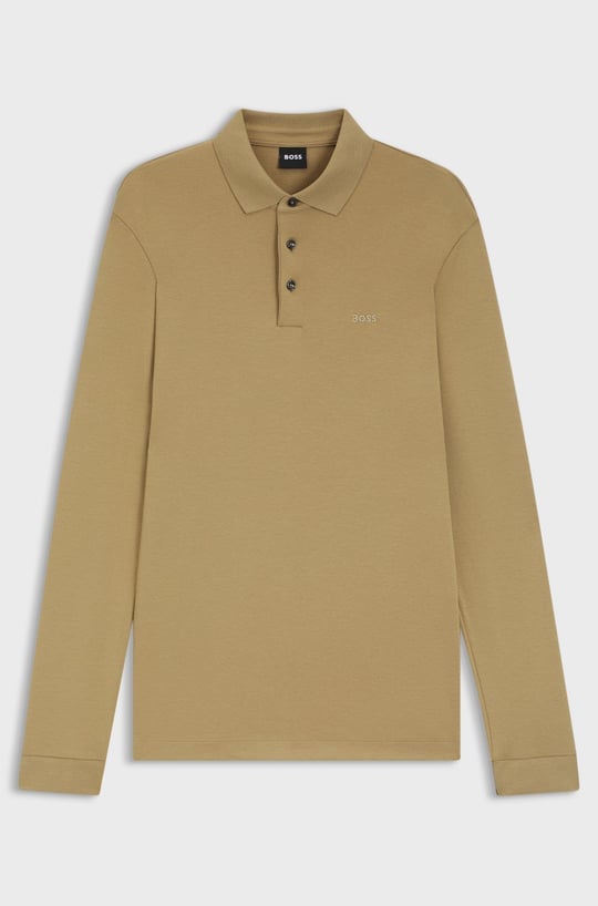BOSS  BOSS Erkek Pamuklu Polo Yakalı Düğme Kapamalı Uzun Kollu Bej Polo Yaka T-Shirt 50468392-252