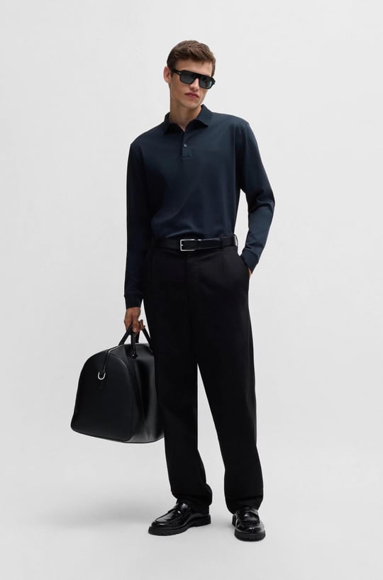 BOSS BOSS Erkek Pamuklu Polo Yakalı Düğme Kapamalı Uzun Kollu Lacivert Polo Yaka T-Shirt 50468392-404