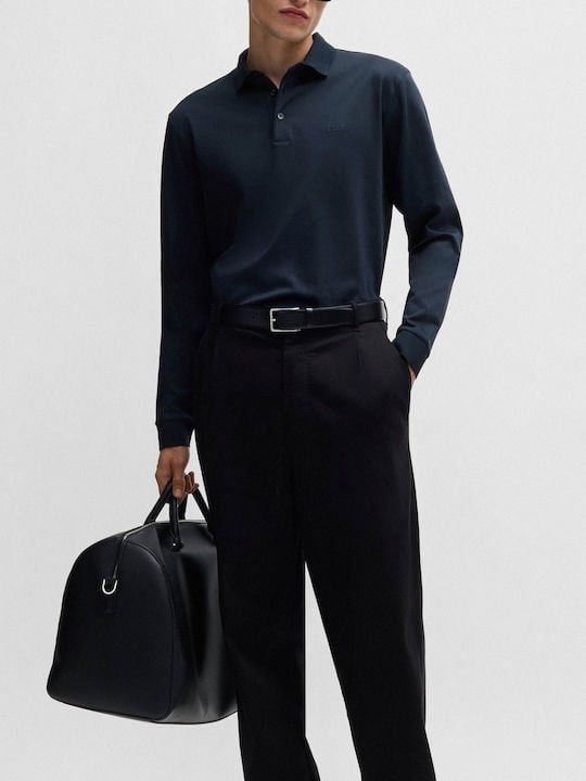 BOSS  BOSS Erkek Pamuklu Polo Yakalı Düğme Kapamalı Uzun Kollu Lacivert Polo Yaka T-Shirt 50468392-412