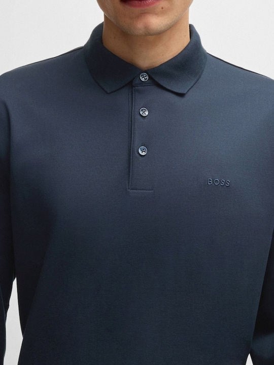 BOSS  BOSS Erkek Pamuklu Polo Yakalı Düğme Kapamalı Uzun Kollu Lacivert Polo Yaka T-Shirt 50468392-412