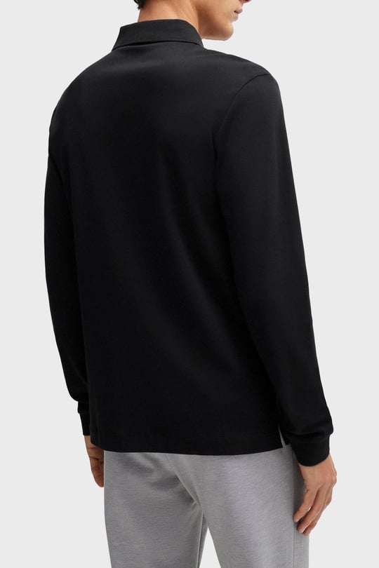 BOSS BOSS Erkek Pamuklu Polo Yakalı Düğme Kapamalı Uzun Kollu Siyah Polo Yaka T-Shirt 50468392-001