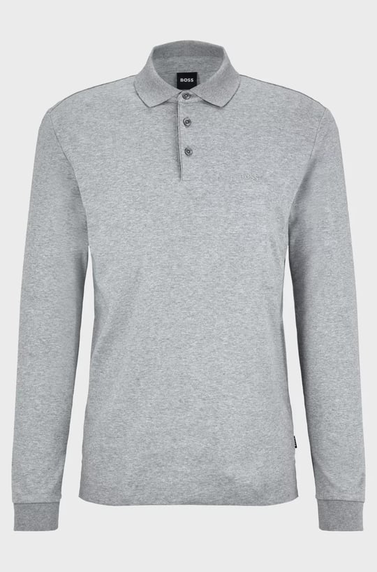 BOSS BOSS Erkek Pamuklu Polo Yakalı Düğme Kapamalı Uzun Kollu Gri Polo Yaka T-Shirt 50468392-041