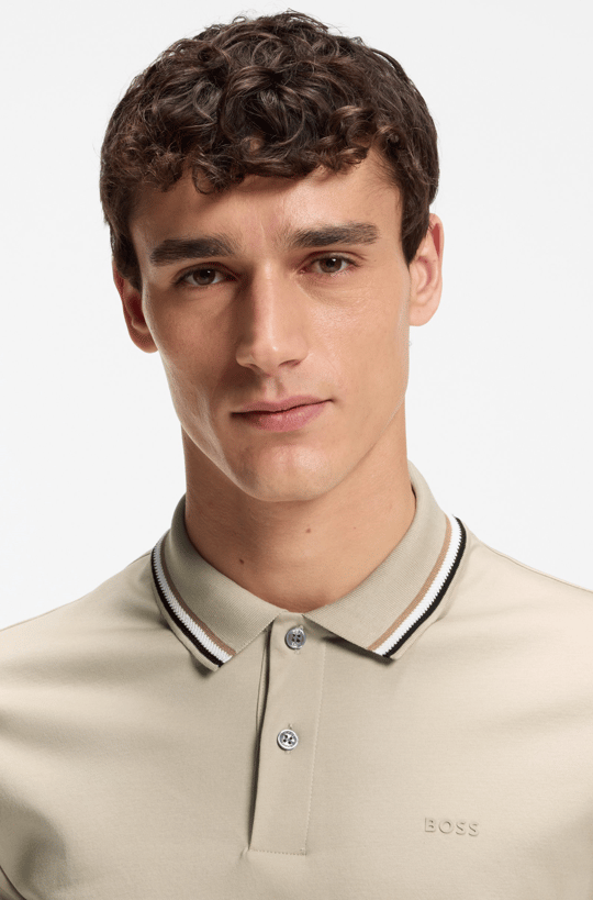 BOSS  BOSS Erkek Pamuklu Polo Yakalı Düğme Kapamalı Kısa Kollu Bej Polo Yaka T-Shirt 50469360-286