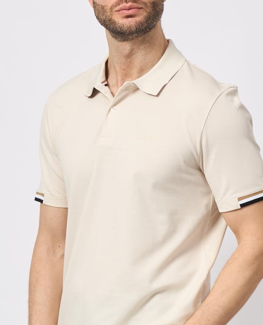 BOSS BOSS Erkek Pamuklu Polo Yakalı Düğme Kapamalı Kısa Kollu Bej Polo Yaka T-Shirt 50467113-131