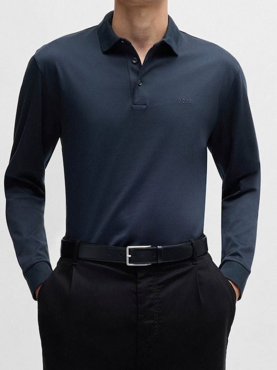 BOSS  BOSS Erkek Pamuklu Polo Yakalı Düğme Kapamalı Uzun Kollu Lacivert Polo Yaka T-Shirt 50468392-412