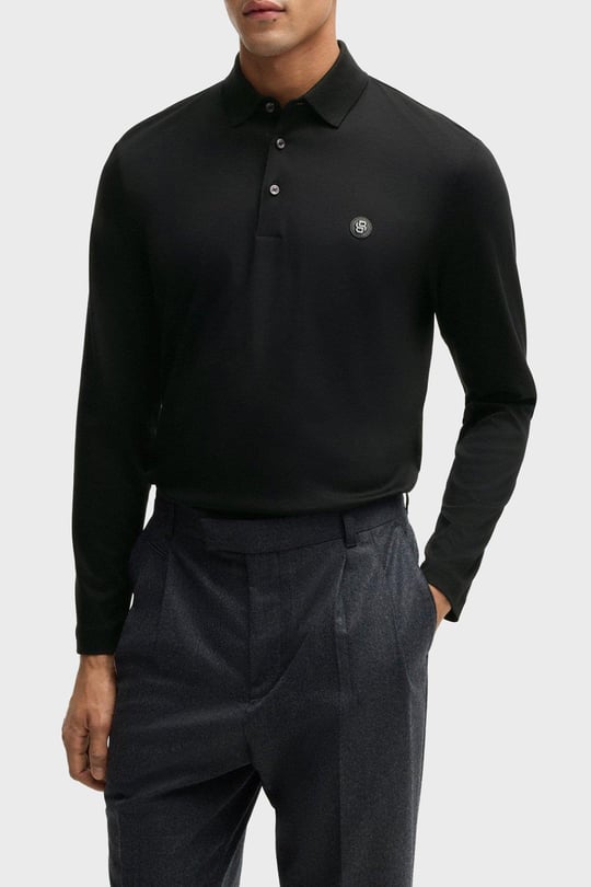 BOSS  BOSS Erkek Polo Yaka Uzun Kollu Pamuklu Rahat Kesim Siyah1 Polo Yaka T-Shirt 50523917-002