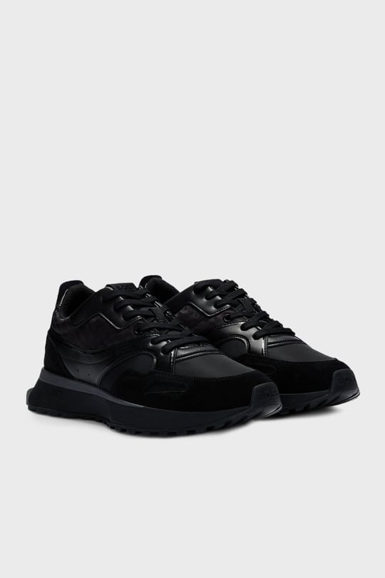 BOSS BOSS Erkek Rahat Kalın EVA Dış Taban Monogram Logolu File Ve Deri Karışımlı Siyah Sneaker 50536496-005