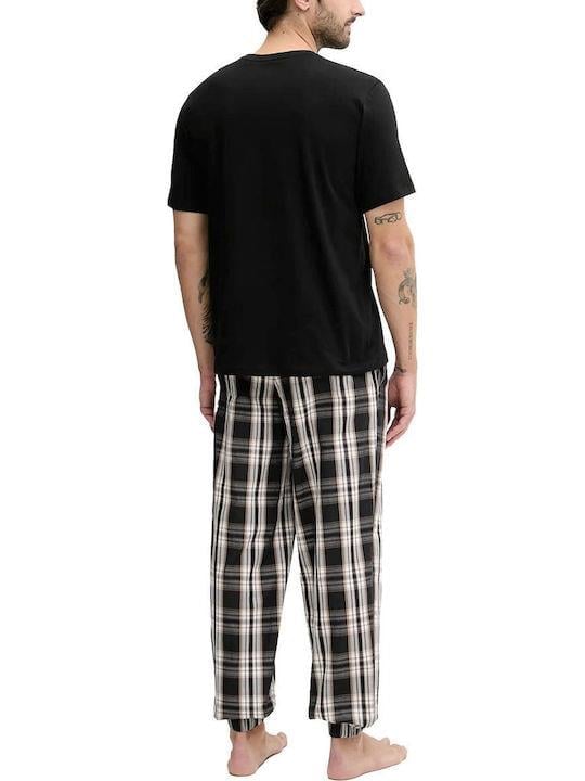 BOSS  BOSS Erkek Rahat Kalıp Desenli Yuvarlak Yakalı Paçası Lastikli Pamuklu Siyah Pijama Takımı 50535875-003