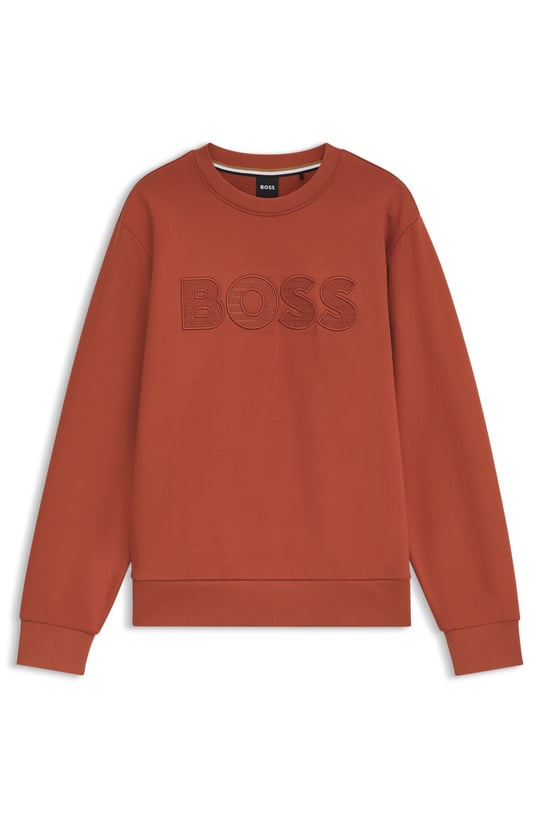 BOSS  BOSS Erkek Regular Fit %100 Pamuklu Havlu Kumaş Logo Baskılı Yuvarlak Yakalı Uzun Kollu Turuncu Sweatshirt 50570003-608