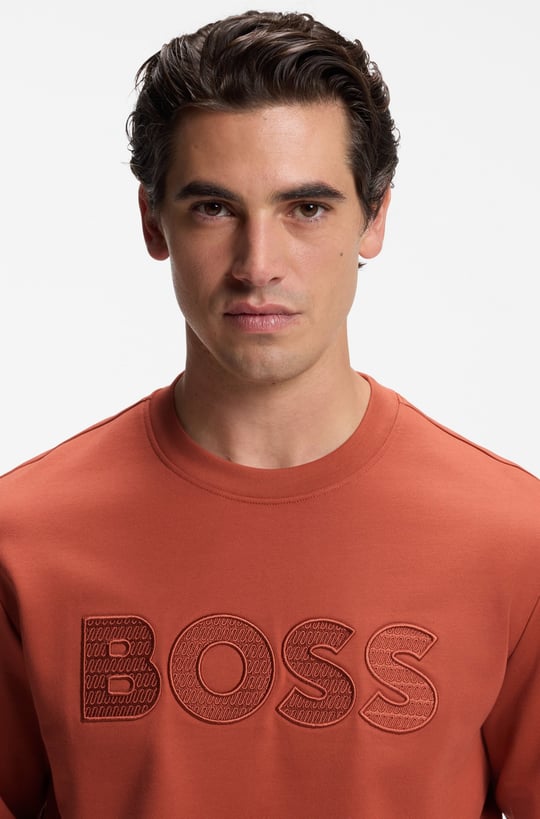 BOSS  BOSS Erkek Regular Fit %100 Pamuklu Havlu Kumaş Logo Baskılı Yuvarlak Yakalı Uzun Kollu Turuncu Sweatshirt 50570003-608