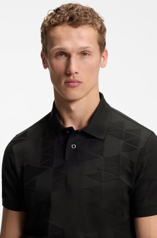 BOSS  BOSS Erkek Regular Fit Desenli Pamuklu Kısa Kollu Siyah Polo Yaka T-Shirt 50563975-001