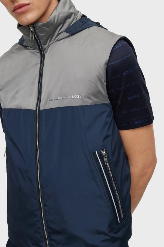 BOSS BOSS Erkek regular fit Kolsuz düz Kapuşonlu Yaka Mavi Yelek 50490451-404