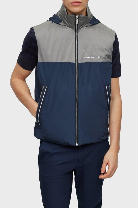 BOSS BOSS Erkek regular fit Kolsuz düz Kapuşonlu Yaka Mavi Yelek 50490451-404