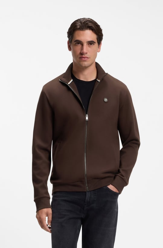 BOSS  BOSS Erkek Regular Fit Pamuklu İnterlok Dik Yaka Metal Monogram Logolu Uzun Kollu Kahverengi Sweatshirt 50523916-209