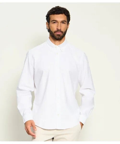 BOSS  BOSS Erkek Regular Fit Pamuklu Oxford Düğmeli Yaka Parça Boyalı Monogram İşlemeli Beyaz Gömlek 50567015-100