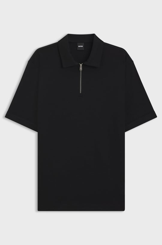 BOSS  BOSS Erkek Regular Fit Pike Dokuma Kumaş Kısa Kollu Yarım Fermuarlı Siyah Polo Yaka T-Shirt 50544091-001