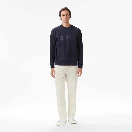 BOSS  BOSS Erkek Regular Fit Ribanalı Yuvarlak Yakalı Esnek Pamuklu Logo Kabartmalı Lacivert Sweatshirt 50506119-402