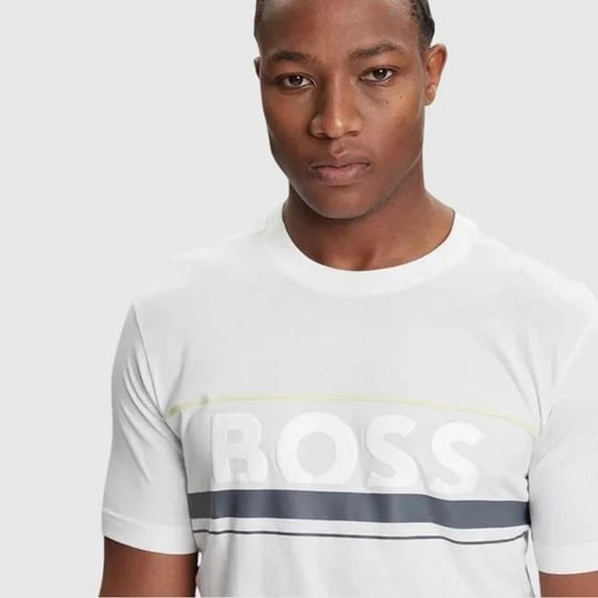 BOSS  BOSS Erkek Regular Fit Yuvarlak Yakalı Çizgili ve Logolu Kısa Kollu Beyaz T-Shirt 50550113-100