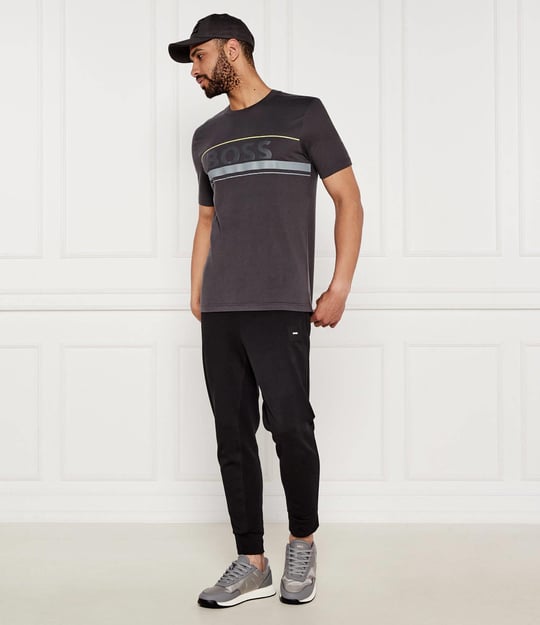 BOSS BOSS Erkek Regular Fit Yuvarlak Yakalı Çizgili ve Logolu Kısa Kollu Gri T-Shirt 50550113-027