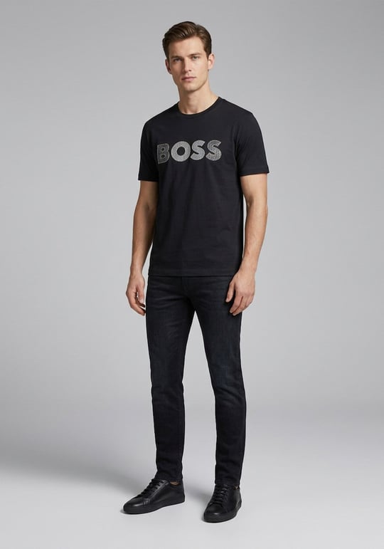 BOSS  BOSS Erkek Regular Fit Yuvarlak Yakalı Logo Detaylı Pamuklu Kısa Kollu Siyah T-Shirt 50565630-001