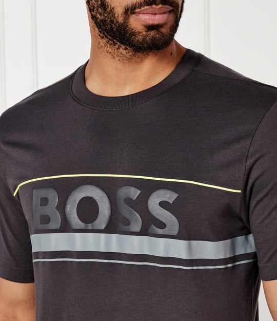 BOSS BOSS Erkek Regular Fit Yuvarlak Yakalı Çizgili ve Logolu Kısa Kollu Gri T-Shirt 50550113-027