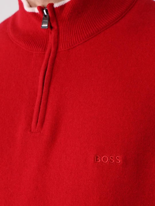 BOSS BOSS Erkek Saf Yün Logo İşlemeli Fermuarlı Kırmızı Kazak 50477379-620