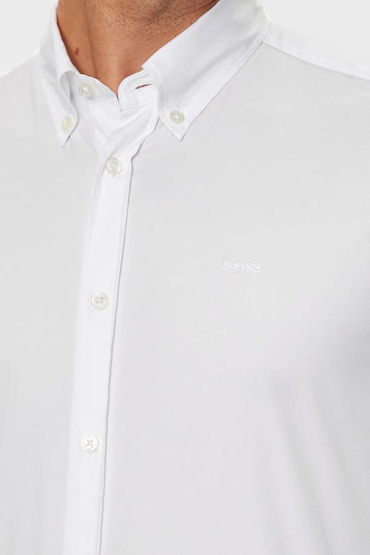 BOSS BOSS Erkek Slim Fit Uzun Kollu Logo Desenli Beyaz Gömlek 50520291-100