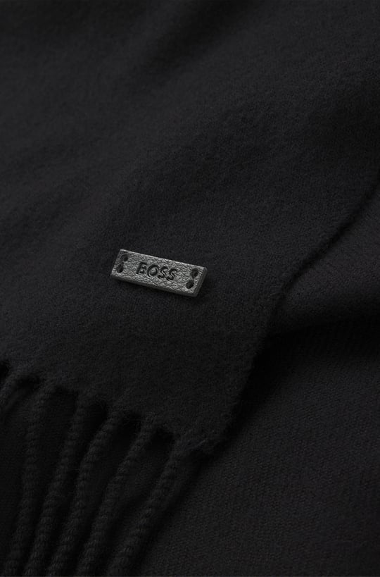 BOSS  BOSS Erkek Yumuşak Yünlü Kumaş Uçları Püsküllü Logo Yamalı Siyah Atkı 50517218-001