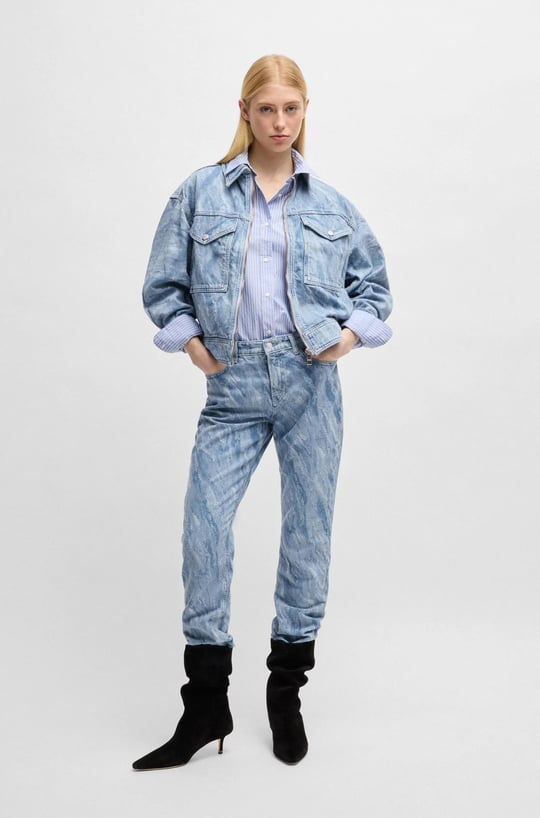 BOSS BOSS Kadın Dokulu Eskitme Desenli Denim Yüksek Bel Slim Fit Mavi Jeans 50529986-416