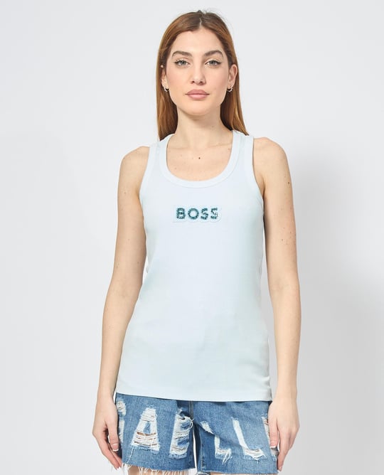 BOSS BOSS Kadın Slim Fit Kalın Askı Boss Yazılı Mavi Atlet 50536985-442