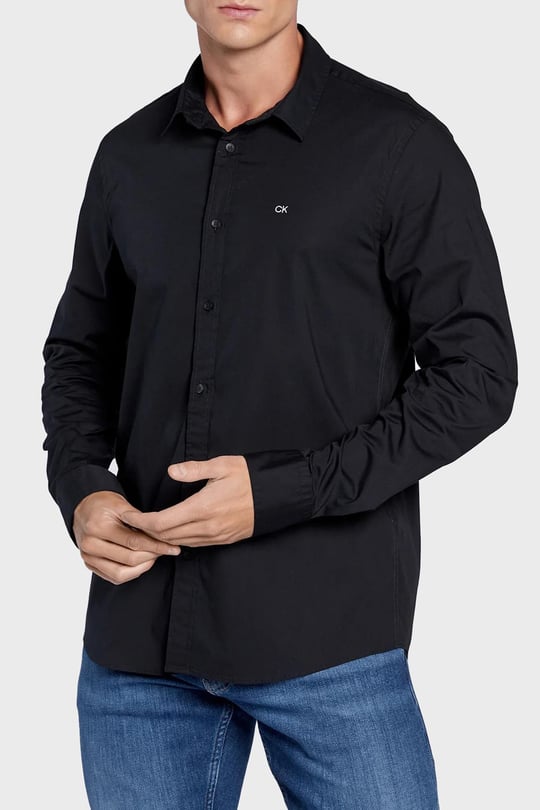 Calvin Klein Calvin Kleın Erkek Marka Logolu Düğmeli Gömlek Yaka Uzun Kollu Siyah Gömlek K10K110856-BEH