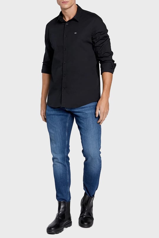 Calvin Klein Calvin Kleın Erkek Marka Logolu Düğmeli Gömlek Yaka Uzun Kollu Siyah Gömlek K10K110856-BEH