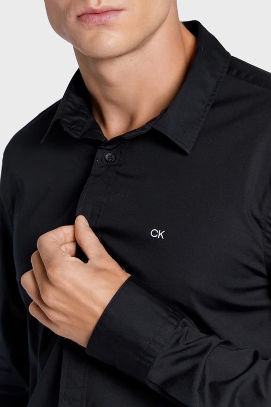 Calvin Klein Calvin Kleın Erkek Marka Logolu Düğmeli Gömlek Yaka Uzun Kollu Siyah Gömlek K10K110856-BEH
