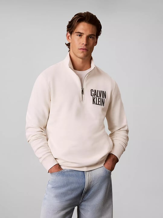 Calvin Klein Calvin Klein Erkek Normal Kalıp Yarım Fermuarlı Dik Yakalı Pamuklu Logo Kabartmalı Uzun Kollu Ekru Sweatshirt LV04RH250G-YAS
