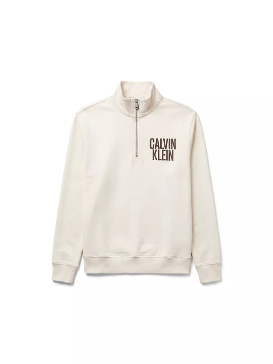 Calvin Klein Calvin Klein Erkek Normal Kalıp Yarım Fermuarlı Dik Yakalı Pamuklu Logo Kabartmalı Uzun Kollu Ekru Sweatshirt LV04RH250G-YAS
