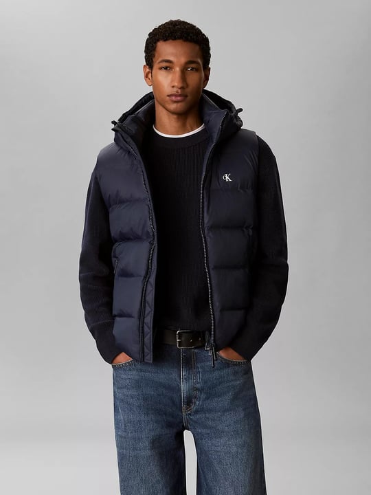 Calvin Klein Calvin Klein Erkek Normal Kalıp Kuş Tüyü Dolgulu Kapitone Desenli Çıkarılabilir Kapüşonlu Lacivert Yelek LV04RG514G-CEF