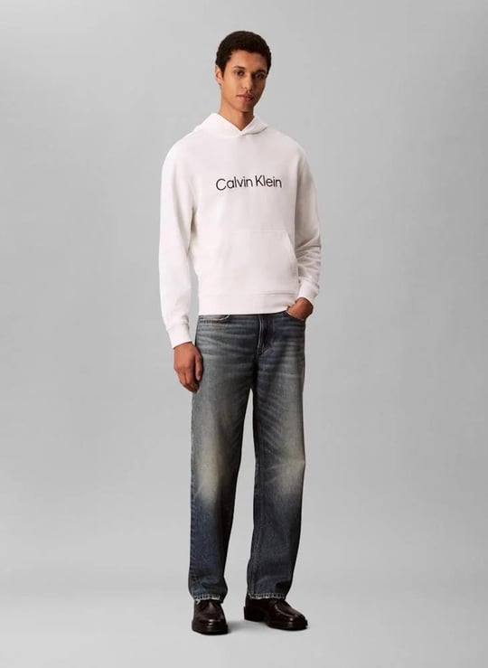 Calvin Klein Calvin Klein Erkek Rahat Kalıp Kapüşonlu Göğsünde Logo Baskılı Uzun Kollu Beyaz Sweatshirt LV14LD231G-YAF