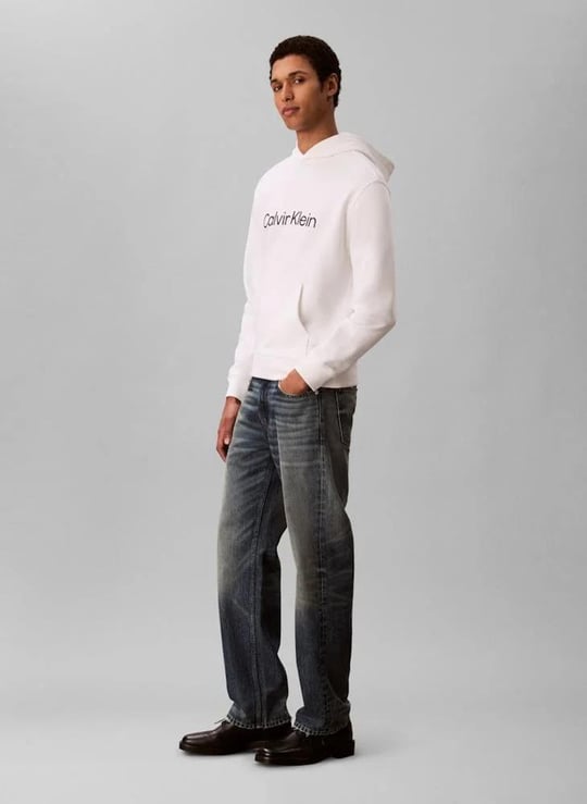 Calvin Klein Calvin Klein Erkek Rahat Kalıp Kapüşonlu Göğsünde Logo Baskılı Uzun Kollu Beyaz Sweatshirt LV14LD231G-YAF