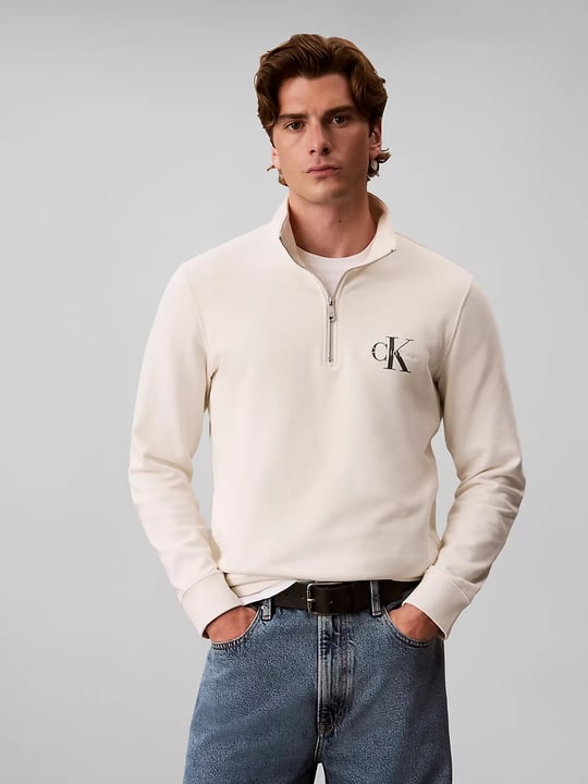 Calvin Klein Calvin Klein Erkek Regular Fit Pamuklu Dik Yaka Yarım Fermuarlı Logolu Uzun Kollu Ekru Sweatshirt LV04RG280G-YAS