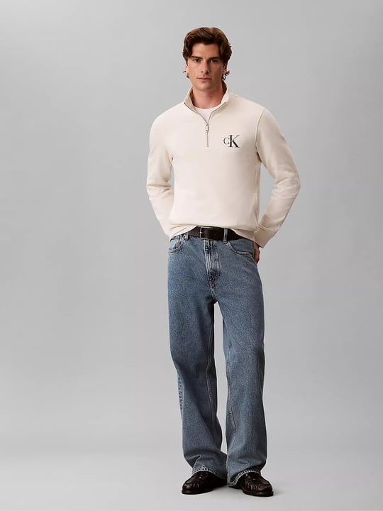 Calvin Klein Calvin Klein Erkek Regular Fit Pamuklu Dik Yaka Yarım Fermuarlı Logolu Uzun Kollu Ekru Sweatshirt LV04RG280G-YAS