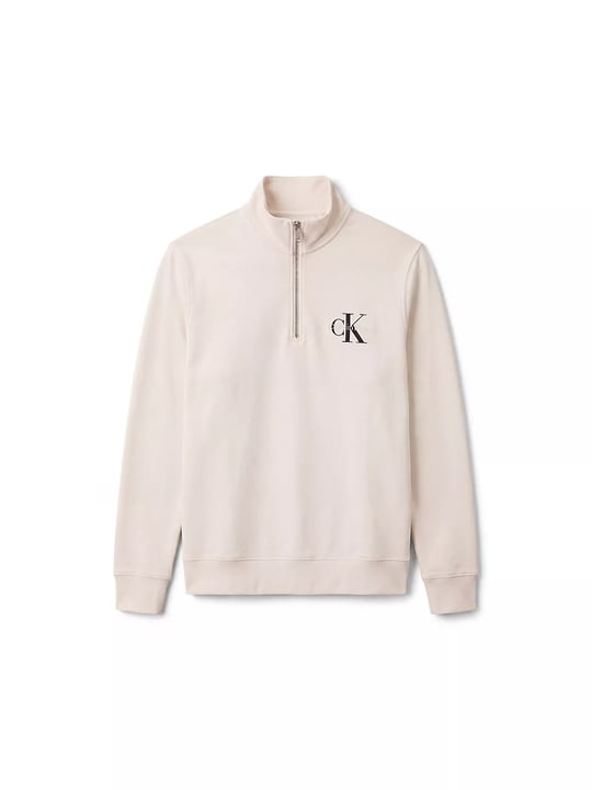 Calvin Klein Calvin Klein Erkek Regular Fit Pamuklu Dik Yaka Yarım Fermuarlı Logolu Uzun Kollu Ekru Sweatshirt LV04RG280G-YAS