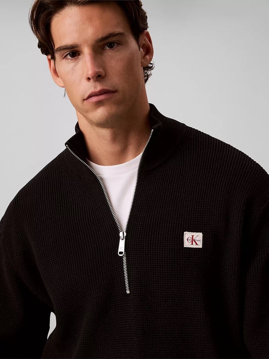 Calvin Klein Calvin Klein Erkek Regular Fit Pamuklu Örgü Balıkçı Yaka Yarım Fermuarlı Uzun Kollu Siyah Kazak LV04RH327G-UB1
