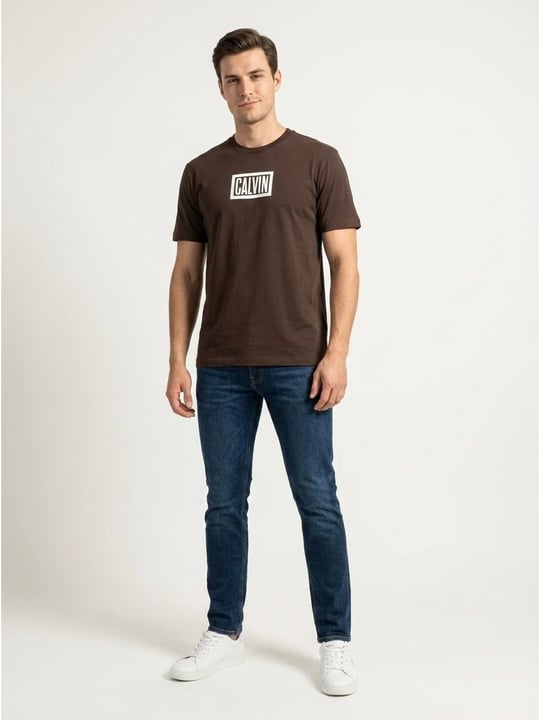 Calvin Klein Calvin Klein Erkek Regular Fit Kutu Logo Grafik Baskılı Bisiklet Yaka Kısa Kollu Kahverengi T-Shirt LV04RH818G-WFM