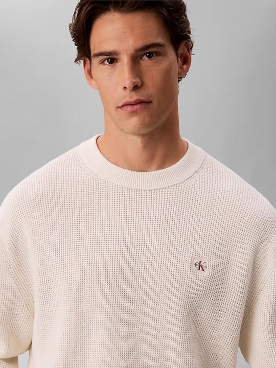 Calvin Klein Calvin Klein Erkek Uzun Kol Bisiklet Yaka Calvin Klein Baskı Desen Pamuklu Ekru Kazak LV04RH326G-YAS