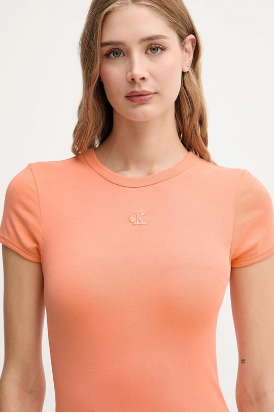 Calvin Klein Calvin Klein Kadın Dar Kesim Yuvarlak Yakalı Kısa Kollu CK Logo İşlemeli Mini Turuncu Elbise LV047B266G-VDW