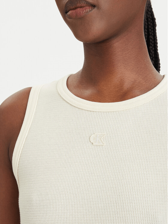 Calvin Klein Calvin Klein Kadın Dar Kesim Pamuklu Yuvarlak Yakalı Kolsuz Mini Krem Elbise LV047F235G-ZRK