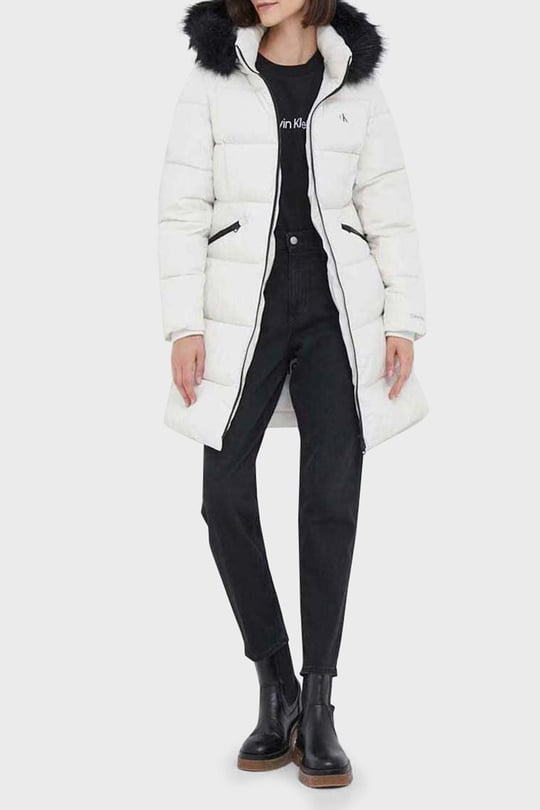 Calvin Klein Calvin Kleın Kadın Kapüşonlu Fermuar Kapamalı Cepli Uzun Kol Beyaz Mont J20J221890-YBI