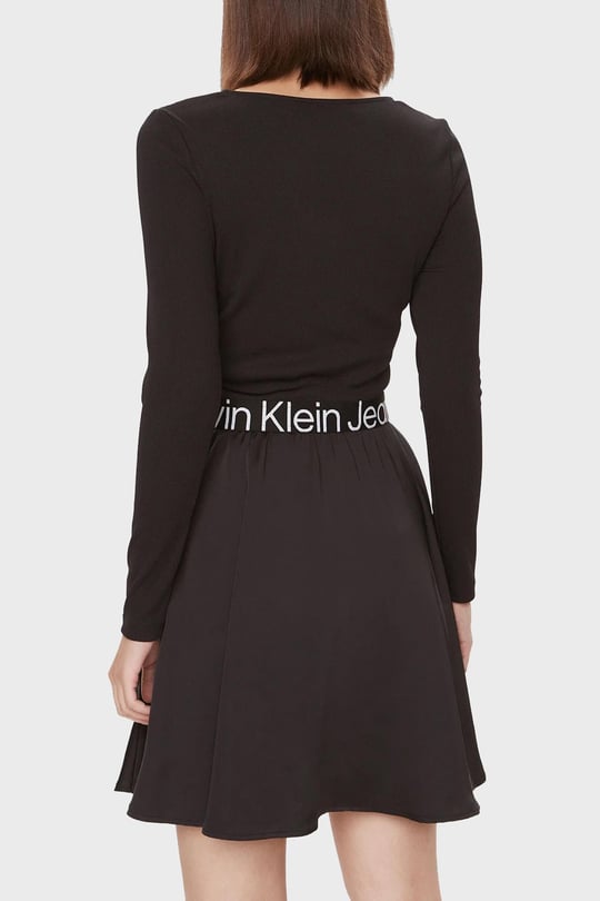 Calvin Klein Calvin Kleın Kadın Logolu Yuvarlak Yakalı Uzun Kollu Günlük Kullanım Siyah Elbise J20J222714-BEH
